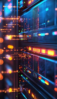 A close-up view of a server's front panel in a vibrant data center, showcasing a series of flashing lights indicating active data processing. the background features a soft focus, the illuminated interface's dynamic operations.