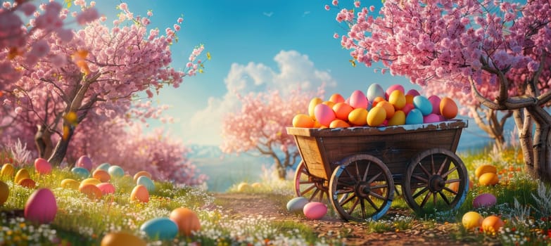 Vibrant easter scene featuring a wooden cart overflowing with colorful eggs amidst a lush orchard of cherry blossoms. bright blue sky and scattered eggs on the ground enhance the festive, springtime atmosphere.
