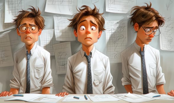 Caricature of tired office worker man in white shirt. Selective focus.