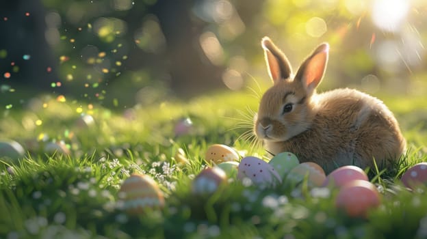 A soft-focus photorealistic scene of a rabbit nestled beside vibrant easter eggs on lush green grass. gentle sunlight filters through the trees, creating a warm, inviting atmosphere with softly cast shadows, perfect for festive springtime themes.