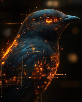 Mystical glowing bird on a black background. Selective focus.