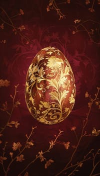 Luxurious easter card design featuring a golden egg with intricate floral engravings against a deep burgundy background. soft lighting accentuates the egg's details, creating a sophisticated and festive atmosphere suitable for holiday greetings.