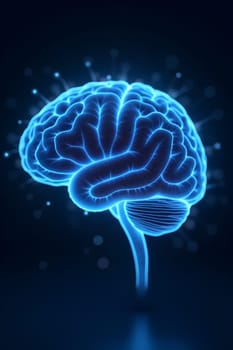 A vibrant blue illustration of a brain glowing in the dark, highlighting connections and neural pathways, symbolizing thought and creativity - Generative AI