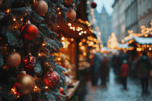 Christmas balls decoration at a market in Prague in winter in Europe