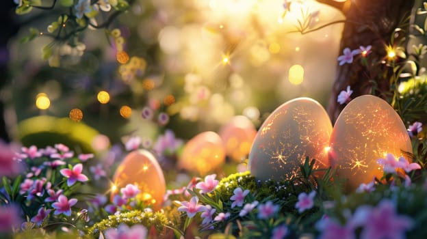 A magical easter garden scene featuring oversized, glowing eggs nestled among lush foliage and vibrant flowers. the warm twilight ambiance and sparkling lights create an enchanting, fairy-tale atmosphere perfect for festive designs.