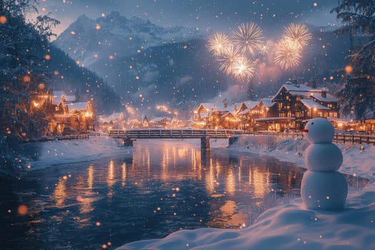 A serene winter scene showcasing a quaint snowy village, a cheerful snowman, and breathtaking festive fireworks
