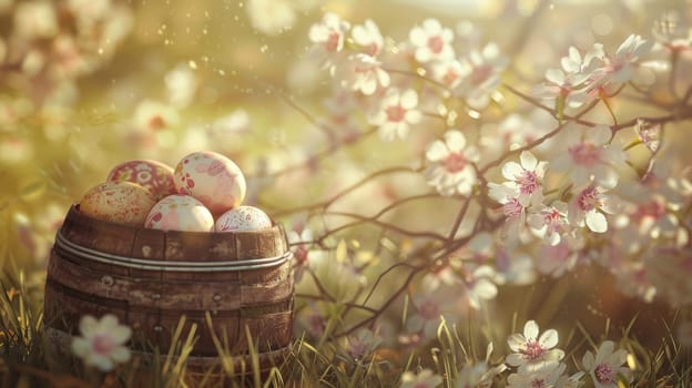 Vintage wooden basket brimming with hand-painted easter eggs set among vibrant spring flowers in a sunlit meadow. the warm lighting and blooming backdrop evoke a classic, nostalgic easter atmosphere perfect for seasonal design.