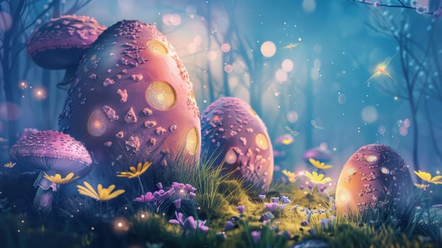 Fantasy landscape of giant easter eggs nestled among glowing, oversized mushrooms. set in soft twilight, the scene is enhanced by flickering fireflies and delicate flowers, creating a magical, fairy-tale atmosphere perfect for seasonal designs.
