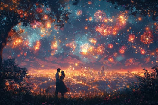 A beautiful romantic silhouette stands gracefully against a vibrant and colorful starry night sky over a city skyline