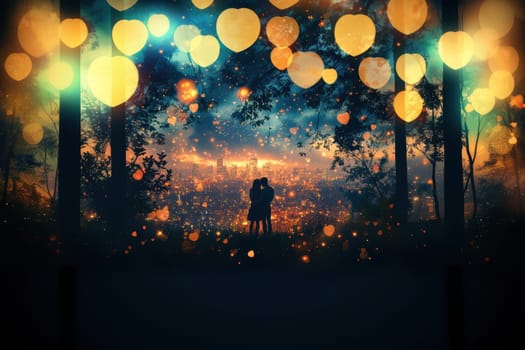 A beautifully romantic scene showcasing silhouettes intertwined amid glowing lanterns in a whimsical, dreamy landscape