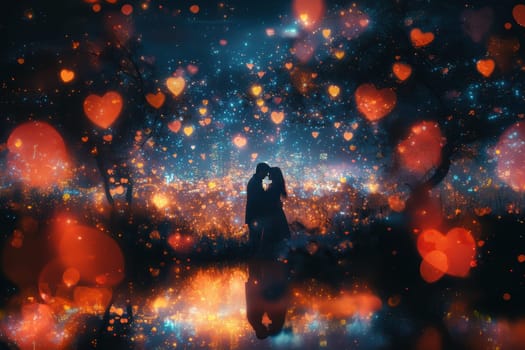 A romantic silhouette against a starry night, filled with glowing hearts and sparkling bokeh effects