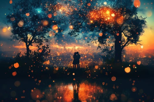 A captivating scene of lovers at sunset, surrounded by magical starry lights and serene reflections.