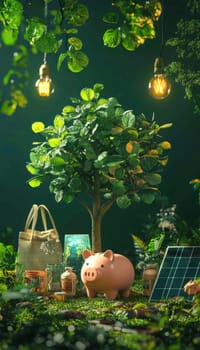 A piggy bank shaped like a tree, adorned with solar panels and surrounded by eco-friendly products. this image symbolizes saving for a sustainable lifestyle, featuring small solar panels, reusable bags, and energy-efficient bulbs.