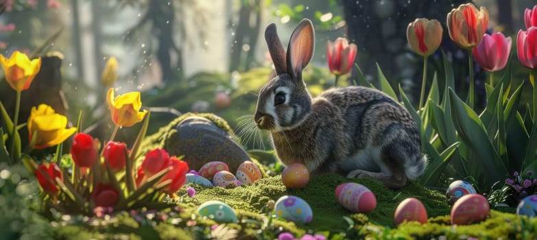 A photorealistic easter scene featuring a charming bunny nestled in a sunlit garden. surrounded by blooming tulips and scattered, colorful easter eggs, the vibrant colors and soft light evoke the joy and freshness of the spring season.