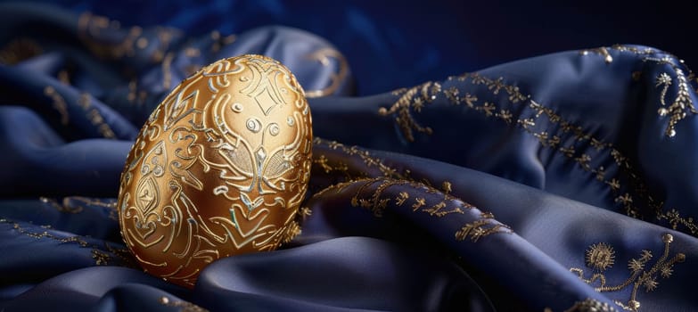 Luxurious easter card design showcasing a golden egg with intricate patterns, elegantly positioned on a silk pillow. the deep royal blue background, accentuated by soft lighting, highlights the egg's exquisite craftsmanship and festive allure.