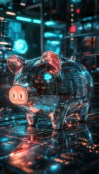 A sleek piggy bank crafted from chrome and illuminated with neon lights sits in a high-tech setting. surrounded by digital interfaces and flowing data streams, it evokes themes of modern finance, technology, and innovation.