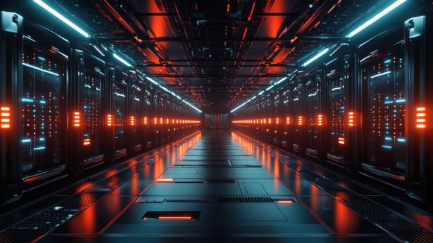 A futuristic data center features rows of sleek, black servers with dynamic flashing lights. the cool-toned lighting enhances the modern atmosphere, creating a high-tech environment ideal for technology and data storage visualization.