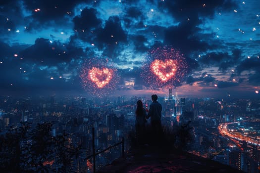A stunning night view with fireworks forming hearts above a vibrant city skyline, capturing love and romance