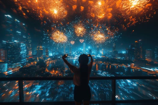 A stunningly beautiful skyline emerges, further enhanced by vibrant fireworks brilliantly lighting up the night sky