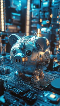 A robot-shaped piggy bank stands amidst futuristic gadgets and circuit boards, representing saving for technology and innovation within a high-tech laboratory environment. the scene embodies the integration of finance and modern tech.
