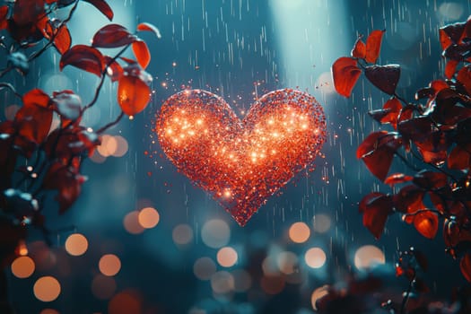 A vibrant heart sparkles beautifully among raindrops in an enchanting forest, evoking deep love and magic
