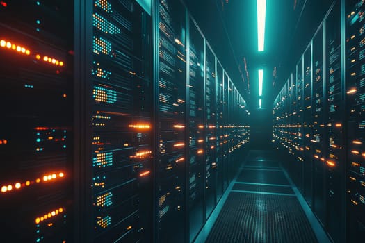 Rows of active servers in a dark room create a futuristic ambiance. flashing lights form mesmerizing patterns, emphasizing the dynamic flow of data. the scene highlights the advanced technology and infrastructure of modern data centers.