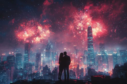 A loving couple embraces warmly beneath the colorful fireworks that light up a vibrant city skyline