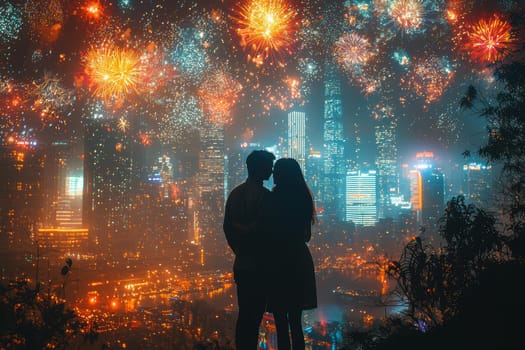 A deeply loving couple beautifully silhouetted against the vibrant and colorful fireworks lighting up the city skyline