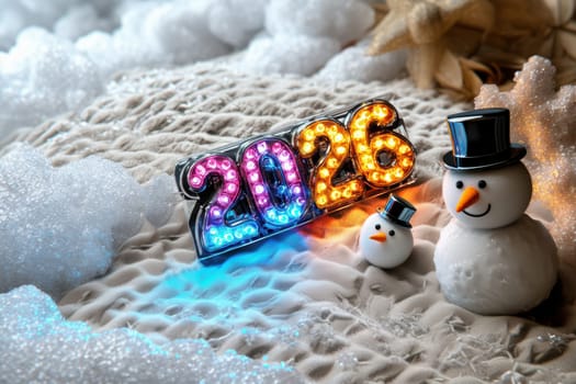 This enchanting winter scene showcases delightful snowmen along with vibrant lights for 2026, ideal for festive cheer