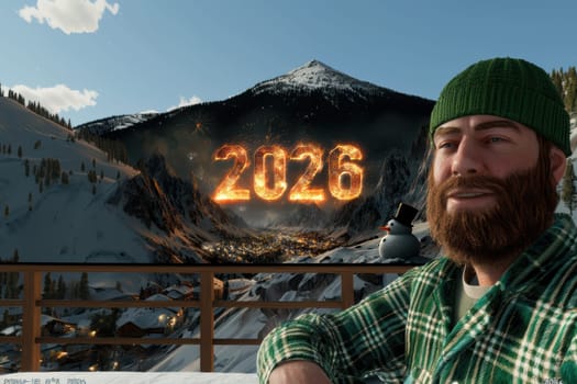 A cheerful bearded man stands in a winter wonderland, announcing the arrival of 2026 among the mountains