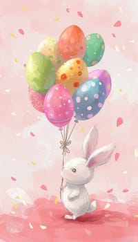 A playful easter card design showcasing a charming bunny holding a bouquet of balloons shaped like easter eggs. the background is soft pink adorned with scattered flower petals, creating a festive and whimsical atmosphere perfect for celebration.