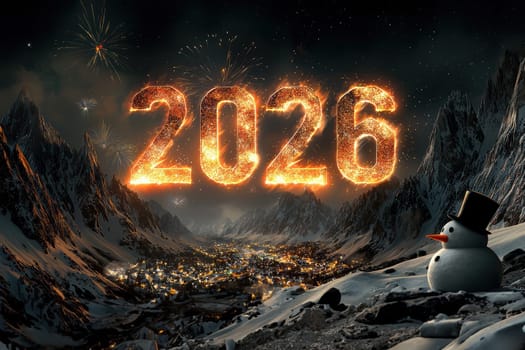 A breathtaking winter scene is welcoming the year 2026 with colorful fireworks and a cheerful snowman