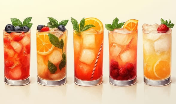 Illustration of fruit drinks on a light background. Selective focus.