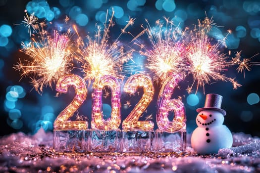 This scene features a cheerful snowman, fireworks, and the exciting year 2026, perfect for New Year celebrations