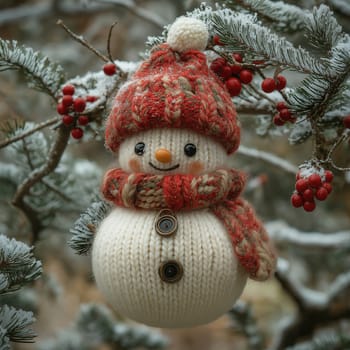 Cartoon knitted snowman in a red hat and scarf. Selective focus.