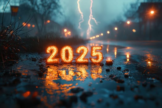 Symbolizing the new year 2025 with a stormy, reflective backdrop featuring dramatic and intense lightning strikes