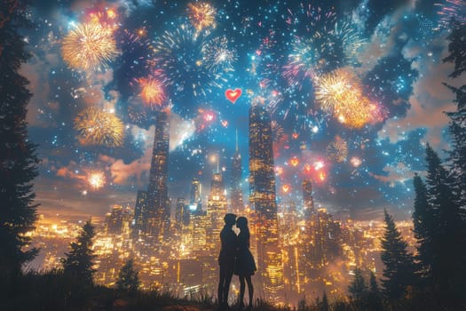 A lovely couple enjoys a mesmerizing evening together, watching spectacular fireworks illuminate a stunning cityscape