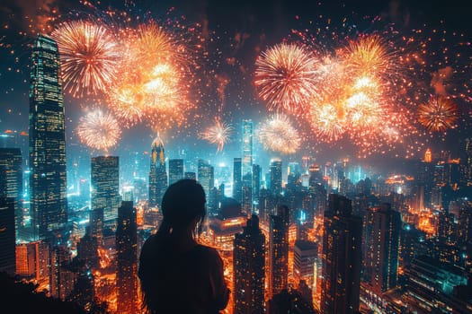 As night falls, the skyline lights up with vibrant fireworks, offering a breathtaking view of colors dancing