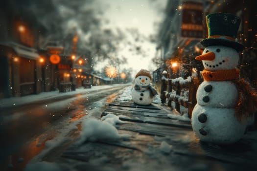 An enchanting winter street with charming snowmen, snowcovered paths, and delightful festive lights