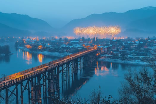 A beautifully tranquil riverside scene featuring a picturesque bridge and a distant town illuminated at twilight