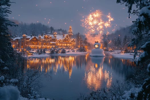 A serene winter evening featuring a picturesque lake, snow-covered landscape, and vibrant fireworks.
