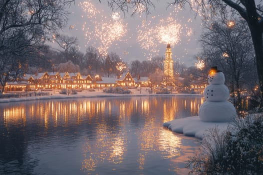 An enchanting winter scene with a snowman, twinkling fairy lights, and serene reflections on still water