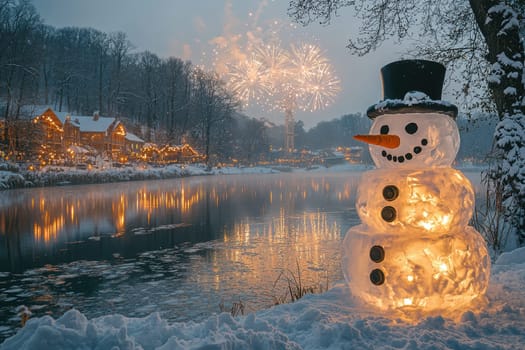 A vibrant snowman with colorful lights stands by a tranquil river, joyfully celebrating winter festivities