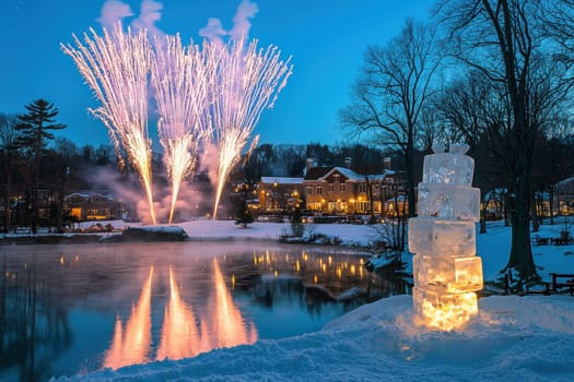 A stunning winter scene with fireworks illuminating a snowy landscape and an enchanting ice sculpture