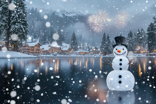 A magical winter landscape features a snowman, falling snow, and festive fireworks lighting up the dusky sky