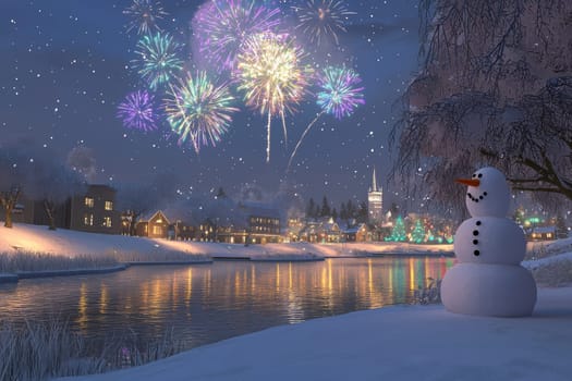 A picturesque winter scene with a cheerful snowman and vibrant fireworks reflecting on a serene river