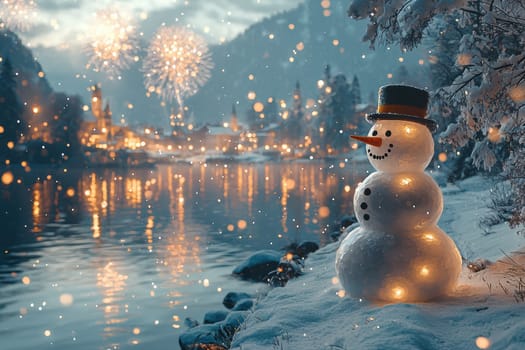 A magical winter scene shows a cheerful snowman by a serene lake, illuminated by vibrant festive fireworks