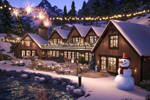 A charming winter scene invites you to enjoy holiday decorations, gentle snowfall, and fireworks near a warm cozy cabin