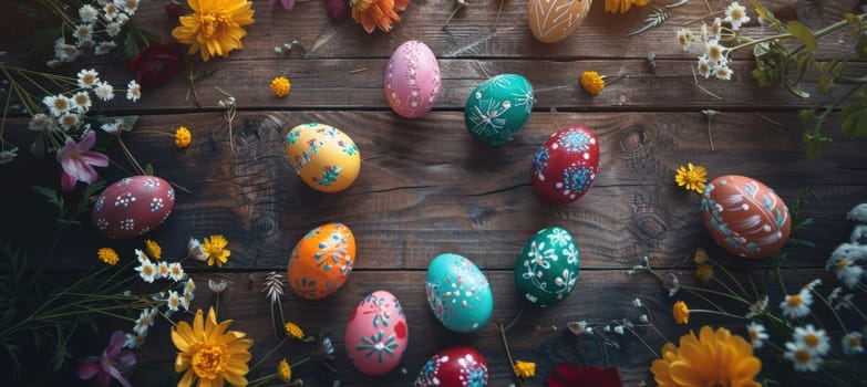 Flat lay arrangement of vibrantly painted easter eggs forming a circle on a rustic wooden surface, surrounded by scattered spring flowers. the central space offers room for text, making it ideal for seasonal greetings or decorative purposes.