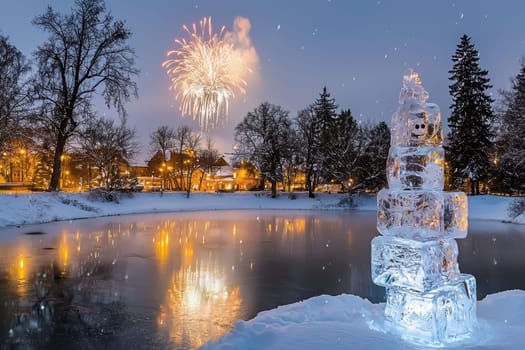 A stunning winter scene with a magnificent ice sculpture, fresh snow, and colorful fireworks in the night sky
